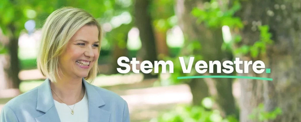 Bilde med Guri Melby med teksten "Stem Venstre."