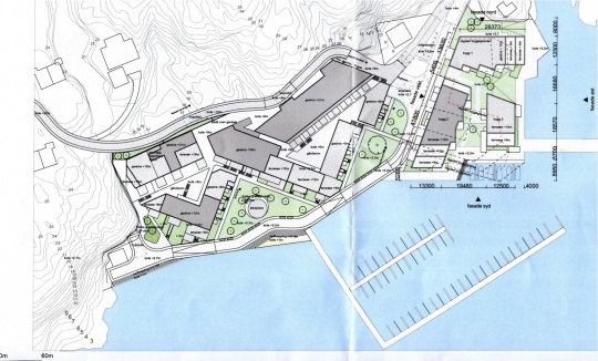  Flisvika 2 er området til høyre på bildet - utbredelsen av byggeområde for vedtatt reguleringsplan er markert med stiplet rød linje.