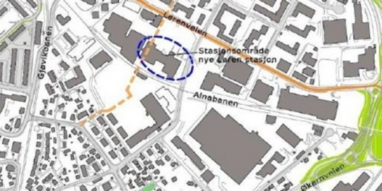 Kart over området ved nye Løren stasjon.