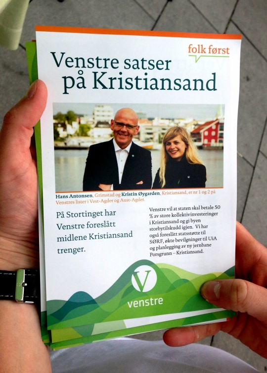  I Kristiansand ble det delt ut en egen flyers om Venstres politikk for landsdelens største kommune.